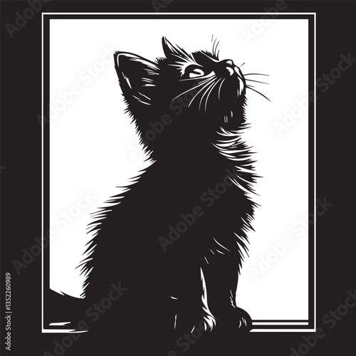 black silhouette of a sitting little fluffy kitten, white background with a black frame, black and white graphics, vector
