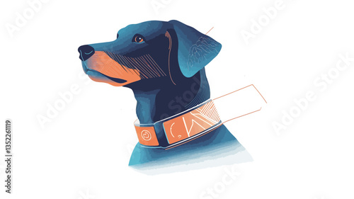 A vector illustration depicting the profile of a dog's head and neck. The dog appears to be a dark-colored breed with short, smooth fur. It is wearing an orange and white collar. The style is clean