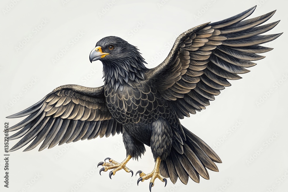 Naklejka premium A majestic dark eagle with wings outstretched, soaring in a powerful display of freedom and wildness, depicted with meticulous detail and rich dark tones.