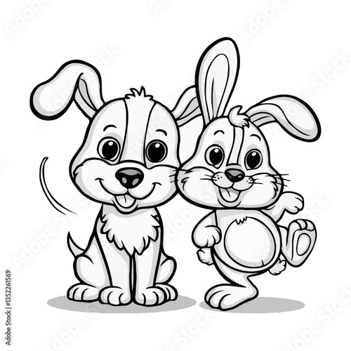 Adorable cartoon puppy and bunny in a playful, hand-drawn style—big eyes, floppy ears, friendly smiles, and charming details in a simple black-and-white ink sketch.