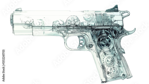 Close-up image of a semi-automatic handgun rendered in a grayscale x-ray or transparent style.  The image shows intricate internal mechanisms and details, giving the impression of a technical