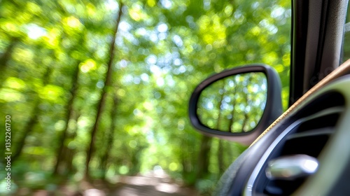 Driving Through a Lush Green Forest with Reflection in the Side Mirror