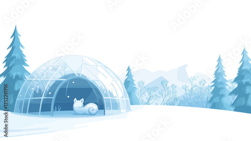 Digital illustration depicting a white arctic fox resting inside a transparent igloo. The igloo is situated in a snowy landscape with stylized evergreen trees in the background. The color palette