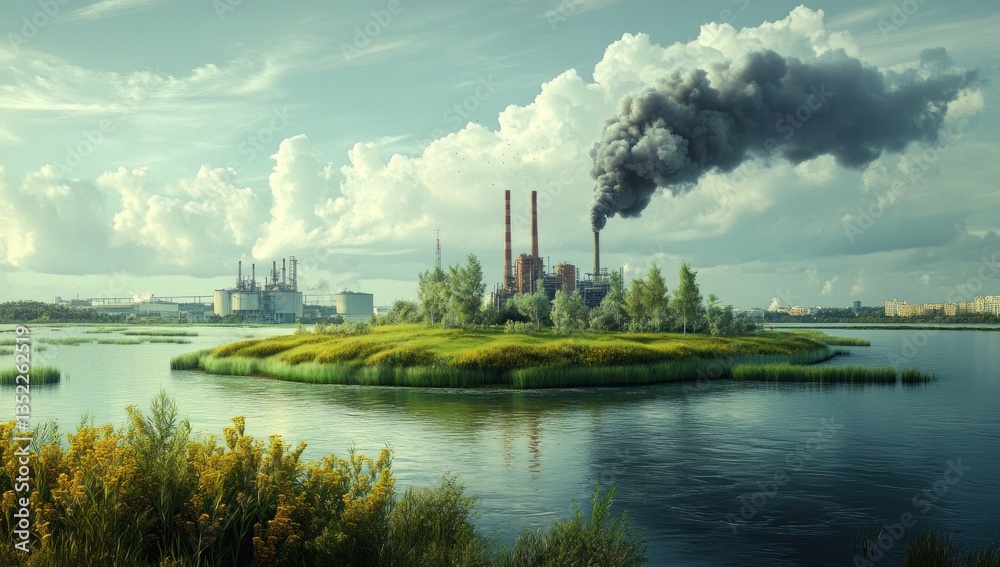 Naklejka premium An industrial plant pollutes air above a small island in water
