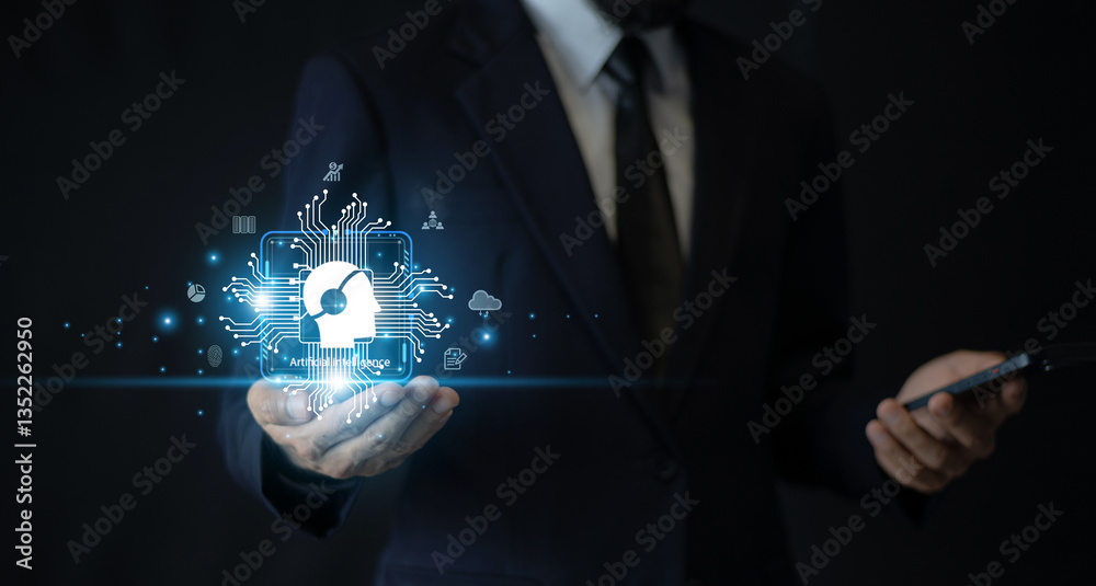 Business professional interacting with AI-powered holographic interface, analyzing real-time financial data and market trends, modern office environment, futuristic technology concept