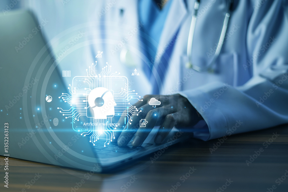 Doctor using AI-powered computer analyzing patient data and medical diagnostics, futuristic digital interface, modern hospital setting, innovation and healthcare technology concept