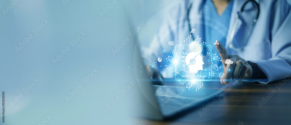 Doctor using AI-powered computer analyzing patient data and medical diagnostics, futuristic digital interface, modern hospital setting, innovation and healthcare technology concept