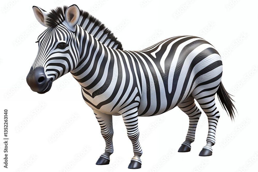 Fototapeta premium A playful zebra standing on a stark white background showcasing its striking black and white stripes in a photorealistic 3D render.