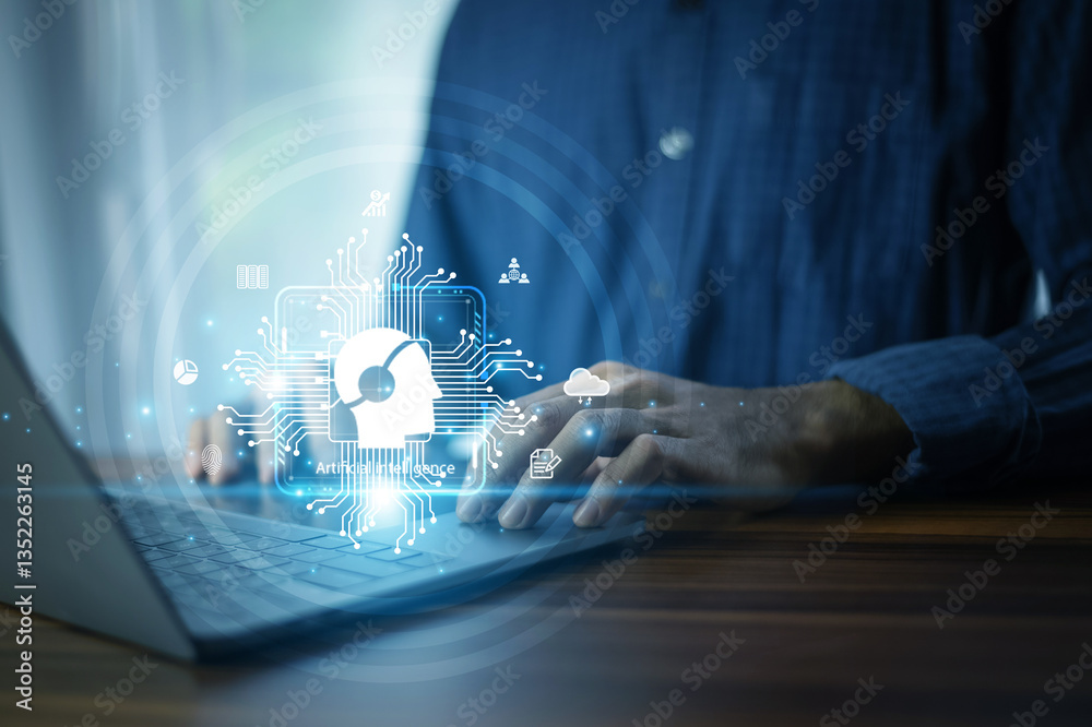 Businessman using AI-powered computer analyzing financial data and market trendsfuturistic digital interface modern office setting, innovation and technology concept emphasizing efficiency and success