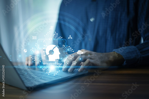 Obraz na płótnie Businessman using AI-powered computer analyzing financial data and market trendsfuturistic digital interface modern office setting, innovation and technology concept emphasizing efficiency and success w salonie