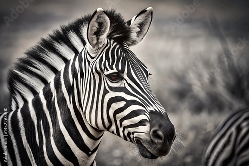 A majestic zebra's portrait, its striking black and white stripes a testament to nature's artistry, captured in a soft, monochrome light against a blurred savannah backdrop.
