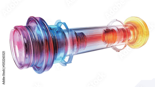 A 3D rendering of a cylindrical assembly composed of multiple translucent components.  The components exhibit a vibrant color gradient ranging from blues and purples to reds and yellows.  The parts