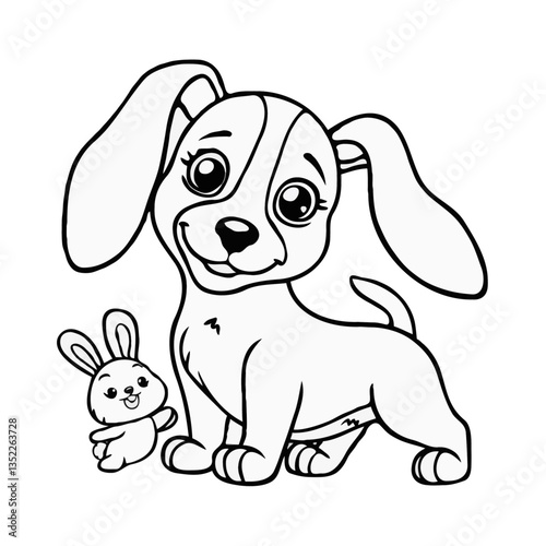 Adorable cartoon puppy and bunny in a playful, hand-drawn style—big eyes, floppy ears, friendly smiles, and charming details in a simple black-and-white ink sketch.