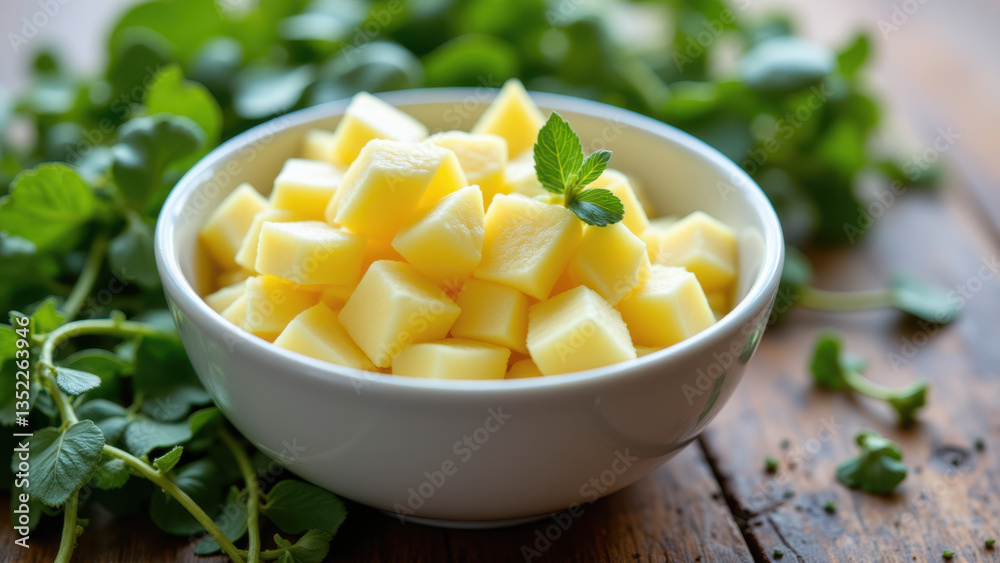 A bowl of diced beef fat with a sprig of herbs on top. A bowl of diced beef fat with a sprig of herbs on top.