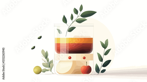 A digital illustration depicts a layered beverage in a clear glass. The drink showcases distinct layers of orange, yellow-orange, and dark reddish-brown hues. The glass rests on a small,