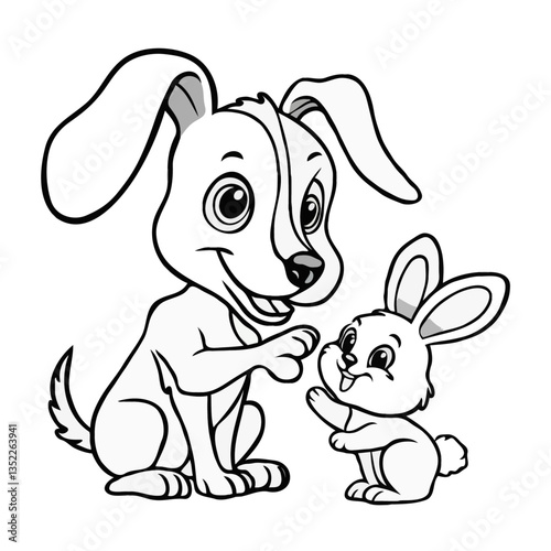 Adorable cartoon puppy and bunny in a playful, hand-drawn style—big eyes, floppy ears, friendly smiles, and charming details in a simple black-and-white ink sketch.