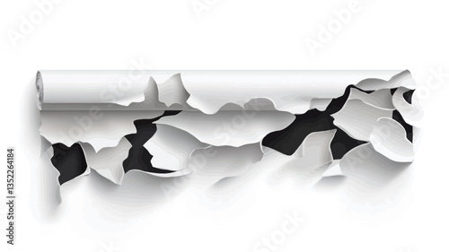The image shows a horizontally oriented piece of white paper that has been torn irregularly, revealing a black underlay beneath. The tears are uneven, creating a variety of jagged shapes and edges.