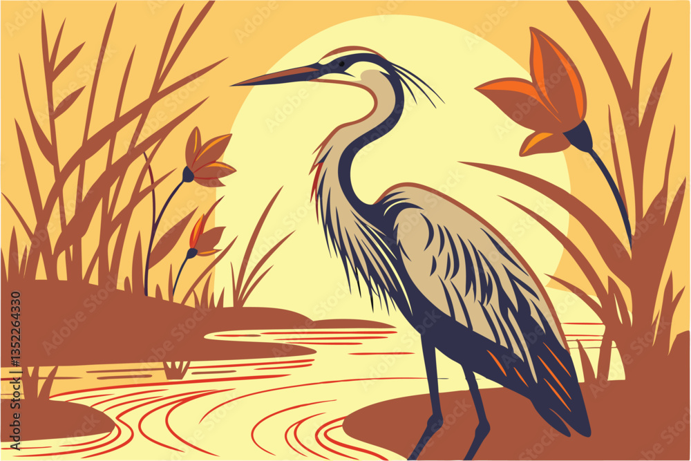 Fototapeta premium 10 Great blue heron, shallow water, golden sunset light, ripples, colorful bokeh background, vibrant orange flowers, sharp focus, wildlife photography, detailed feathers, serene atmosphere, nature por