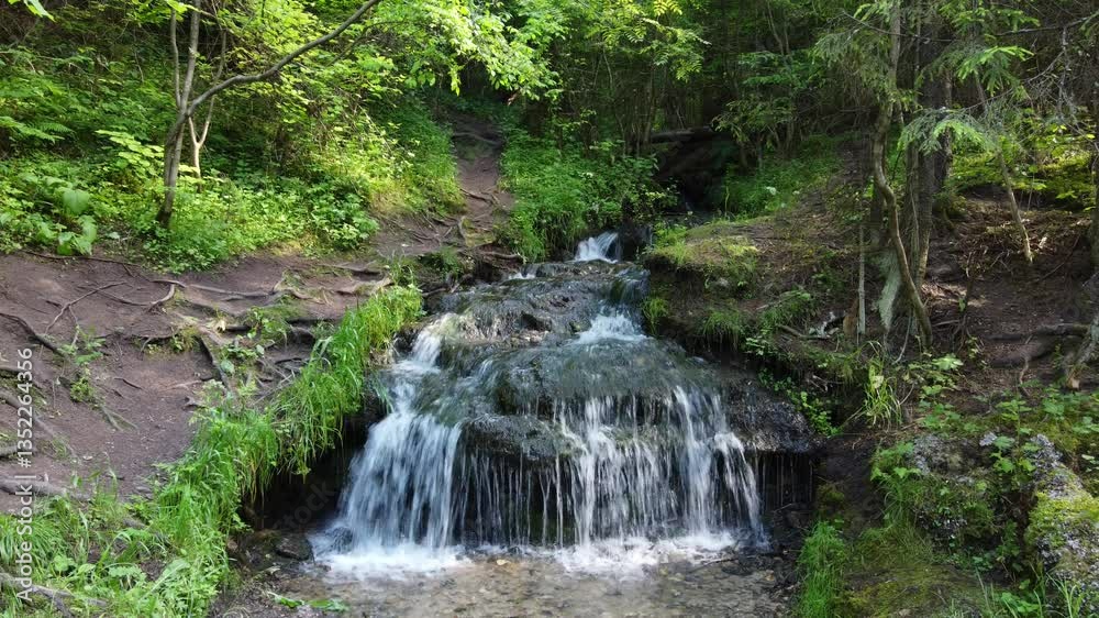 A view of a picturesque small forest waterfall on a summer day. Natural monument Gremuchy stream, Kaluga region, Russia A view of a picturesque small forest waterfall on a summer day. Natural monument Gremuchy stream, Kaluga region, Russia