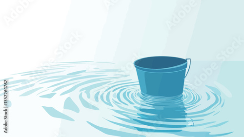 A digital illustration depicting a light blue bucket floating in calm water.  The water shows concentric ripples emanating from the bucket. The background is a soft, light blue-white gradient. The