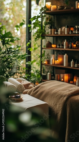 Spa Treatment Room With Natural Greenery and Calming Ambiance in a Wellness C...