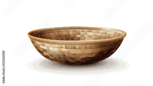 A digital image shows a wide shot of a handcrafted bowl. The bowl is light brown and appears to be made of a woven material, possibly bamboo or a similar natural fiber, showing a basket weave