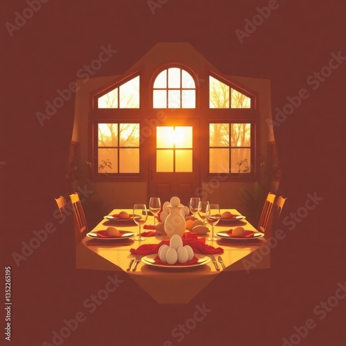 A geometric logo design featuring a warm golden hour light, depicting an Easter table setting in a country house, focusing on balance and symmetry, with clean lines