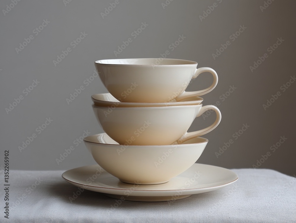 Elegant Still Life: Stack of Creamy Ceramic Cups and Plates on Linen Fabric, Soft Light, Minimalist Design, Serene and Calming Aesthetic.