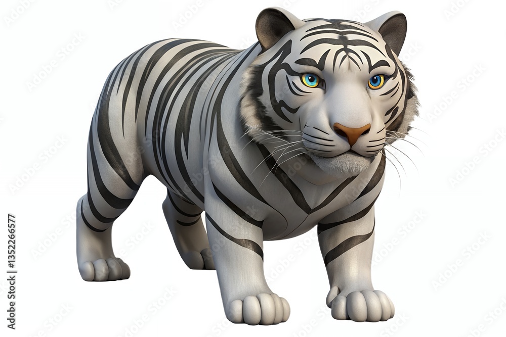 Naklejka premium A majestic white tiger, powerfully poised, gazes intently, showcasing striking black stripes against its pristine coat on a stark white background.