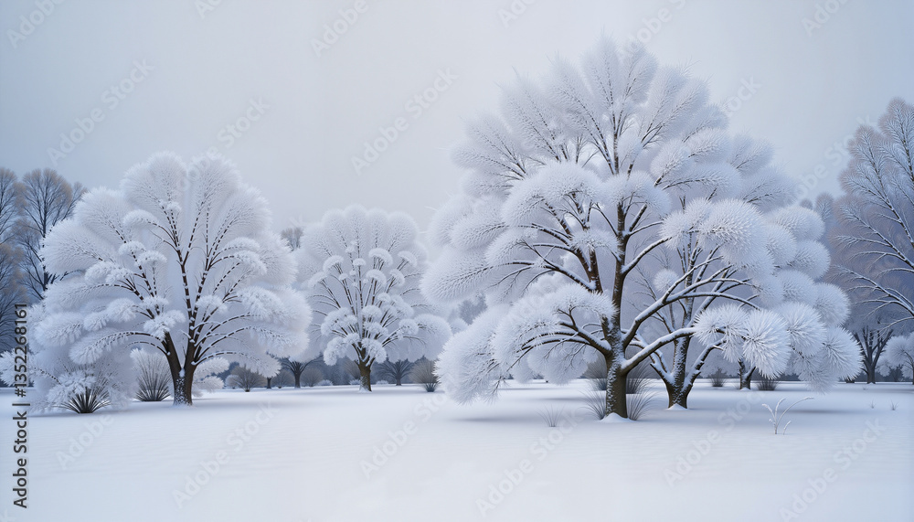 Fototapeta premium Serene winter landscape with snow-capped trees, peaceful quietude