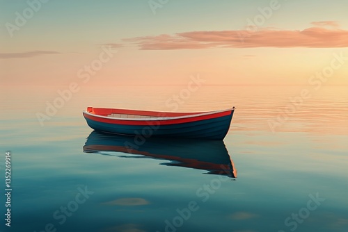 Serene Sunset Over Tranquil Water With a Lone Wooden Boat Floating Peacefully