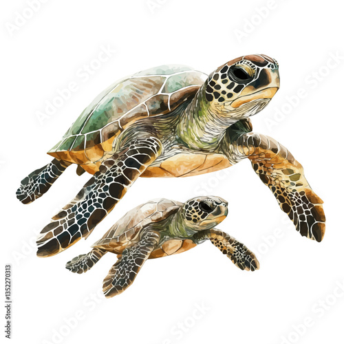 A watercolor vector painting of a mother turtle with her kid, isolated on a white background. Mother turtle vector.

