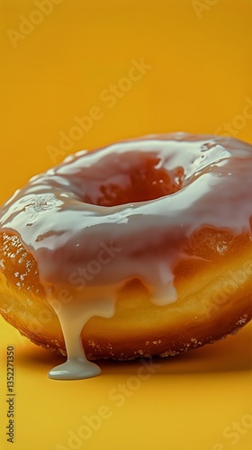 Fluffy Donut With Sweet Glaze on a Vibrant Yellow Background