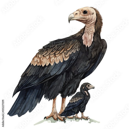 A watercolor vector painting of a mother vulture with her kid, isolated on a white background. Mother vulture vector.

