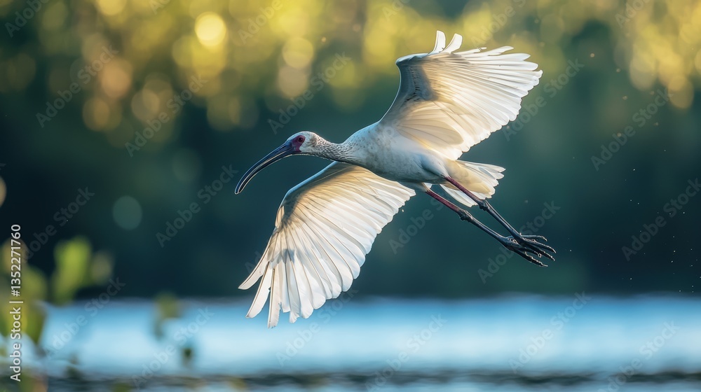 Fototapeta premium a white ibis flying over the water 