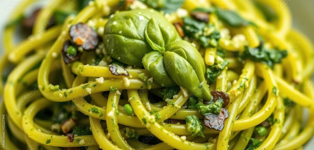 Close-up of vibrant green pesto pasta, tossed with basil, close-up, parmesan, cheese Close-up of vibrant green pesto pasta, tossed with basil, close-up, parmesan, cheese