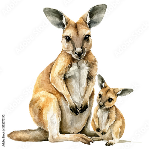 A watercolor vector painting of a mother wallaby with her kid, isolated on a white background. Mother wallaby vector.

