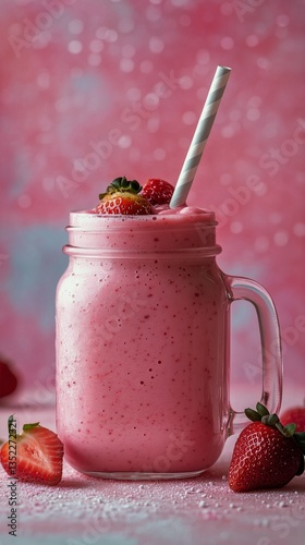 Refreshing Pink Smoothie in a Glass Jar With Striped Straw Against a Pastel B...
