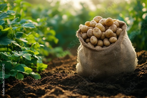 Freshly Harvested Potatoes in a Burlap Sack on a Farm