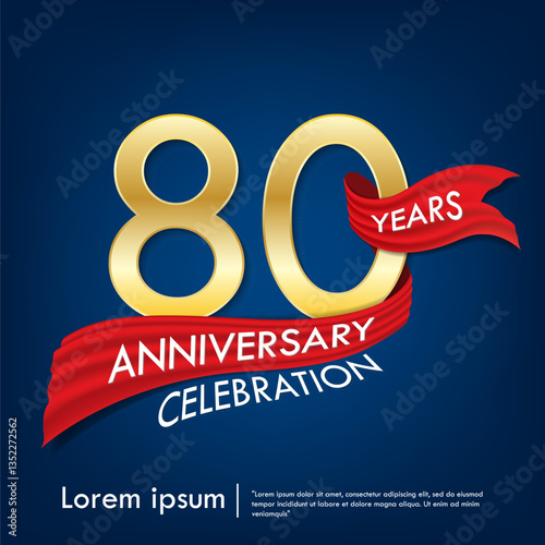 80th years anniversary celebration emblem. elegant golden anniversary logo isolated with red ribbon on dark blue background. vector illustration template design for web, flyers, poster, greeting card	