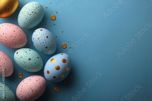 Colorful Decorative Eggs on a Vibrant Blue Background With Golden Speckles fo...