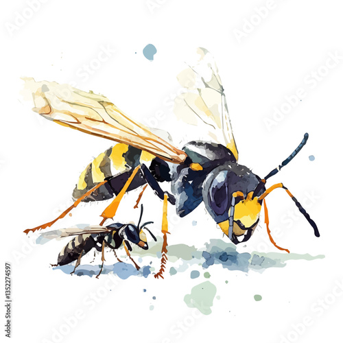 A watercolor vector painting of a mother wasp with her kid, isolated on a white background. Mother wasp vector.

