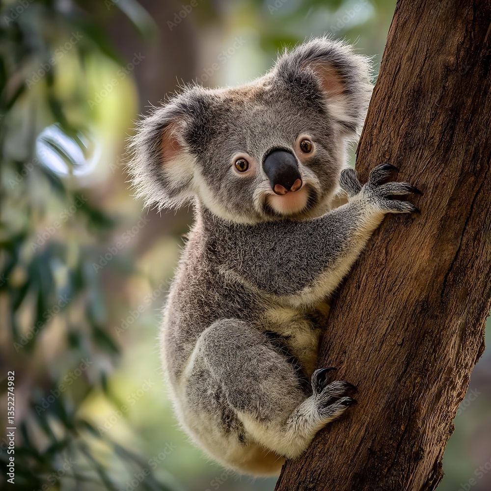 Fototapeta premium Baby Koala Climbing a Tree in the Wild