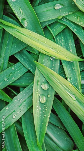 Dew Drops Glisten on Fresh Green Grass Blades in Early Morning Sunlight
