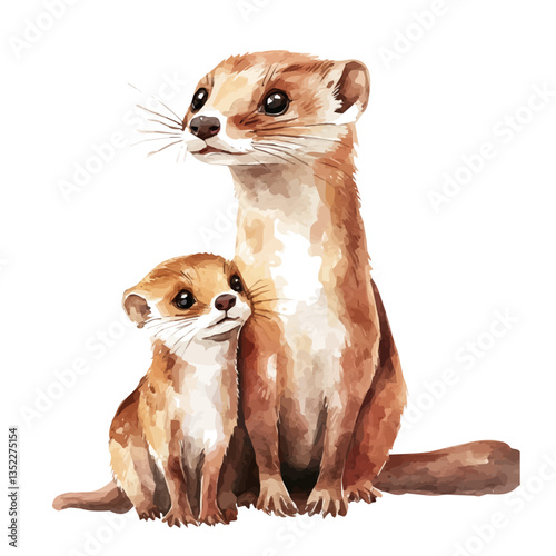 A watercolor vector painting of a mother weasel with her kid, isolated on a white background. Mother weasel vector.

