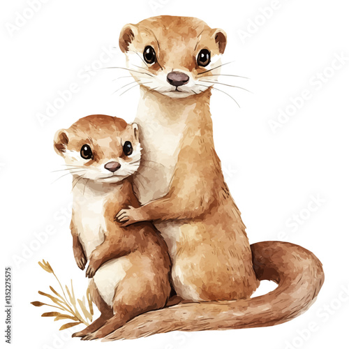 A watercolor vector painting of a mother weasel with her kid, isolated on a white background. Mother weasel vector.

