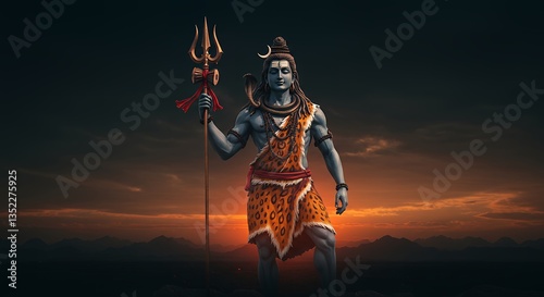 Lord Shiva Holding Trident Against Dramatic Sunset Sky Backdrop Illustration