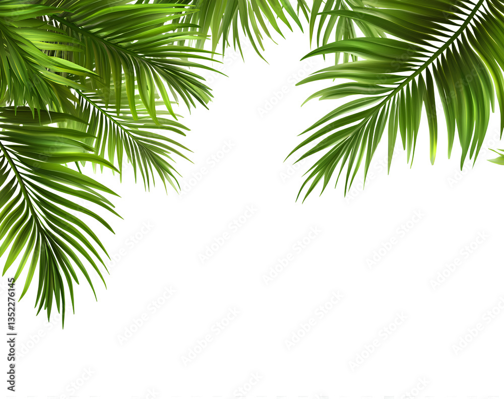 Fototapeta premium Palm leaves border isolated on a transparent background, cutout PNG file with white space for text, PNG file without shadows, in PNG format, PNG file without a shadow