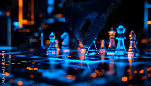 chess pieces, strategic game, bokeh, blurred background, dramatic lighting