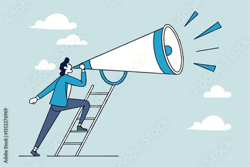 Amplify megaphone, communication voice or advertising message, important announcement loud shouting, broadcast word, message or information concept, businessman shouting on big amplifier megaphone.